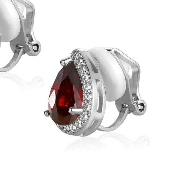 Silver with Ruby Red and Diamond Cubic Zirconia Teardrop Stud Clip On Earrings - Picture 2 of 5